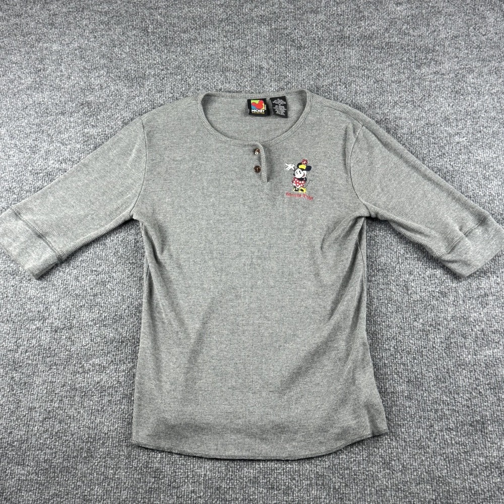 VINTAGE Minnie Mouse Shirt Womens M Gray Knit Short Sleeve Button Up Disney 90s‎
